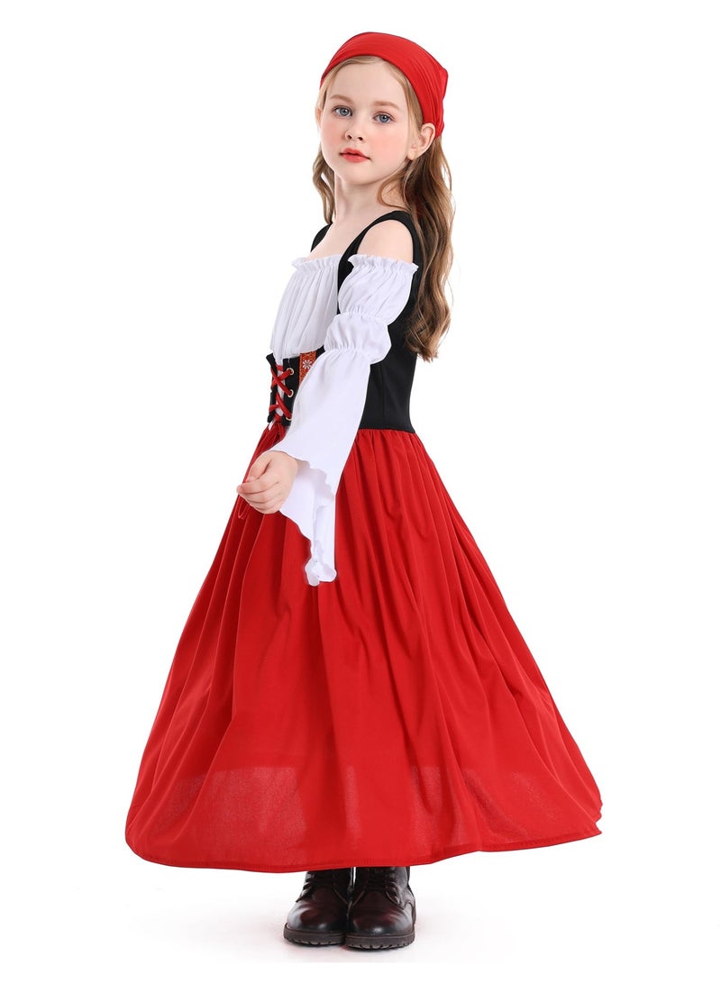نيبمينينت Renaissance Medieval Princess Costume Dress for Girls | Victorian Bell Sleeve Off-Shoulder Gown with Headband | Fancy Dress-Up for Halloween, Cosplay, Themed Parties (Ages 4-16 Years) - Image 3